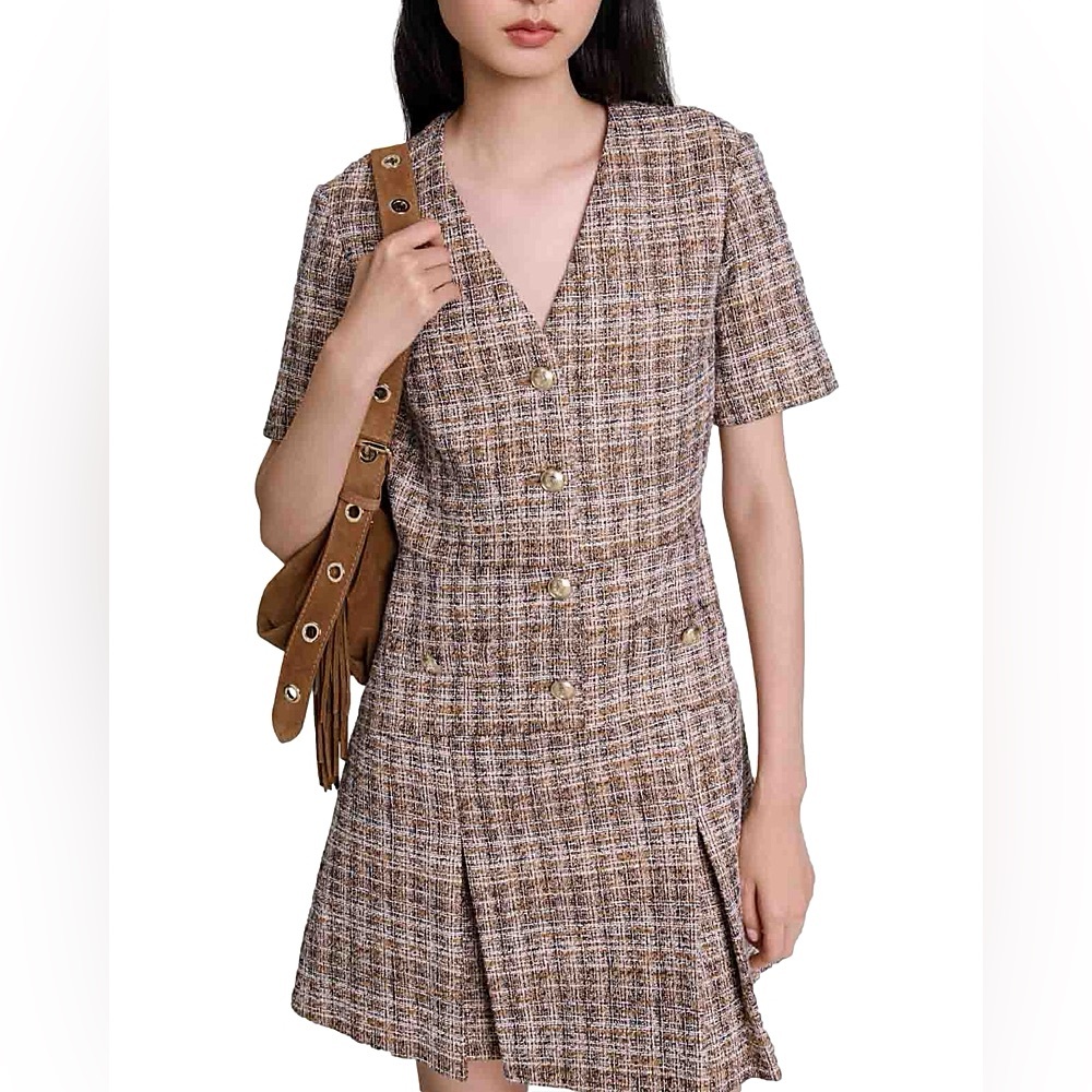 Maje Riuji Tweed Pleated Dress Size 38 or 6 Medium